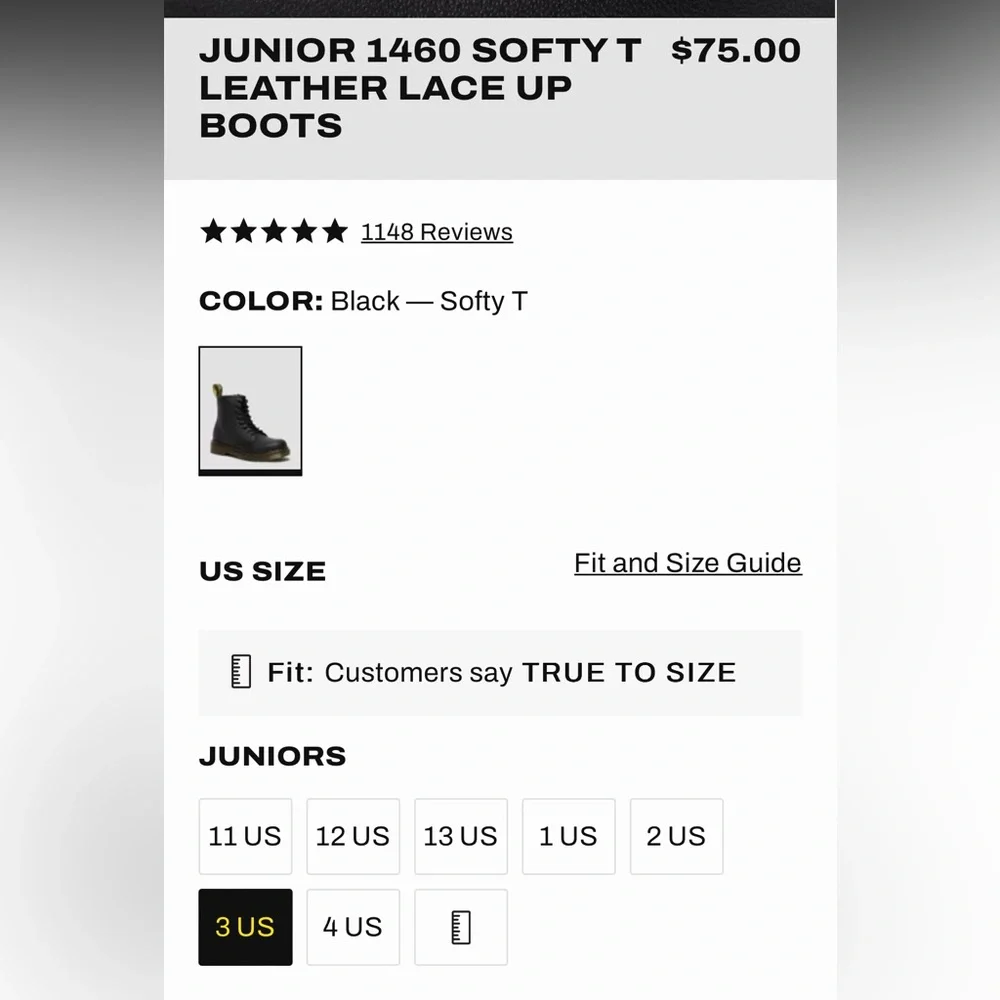 Dr. Martens Kids Black Leather Lace-Up Boots with Yellow Stitching
